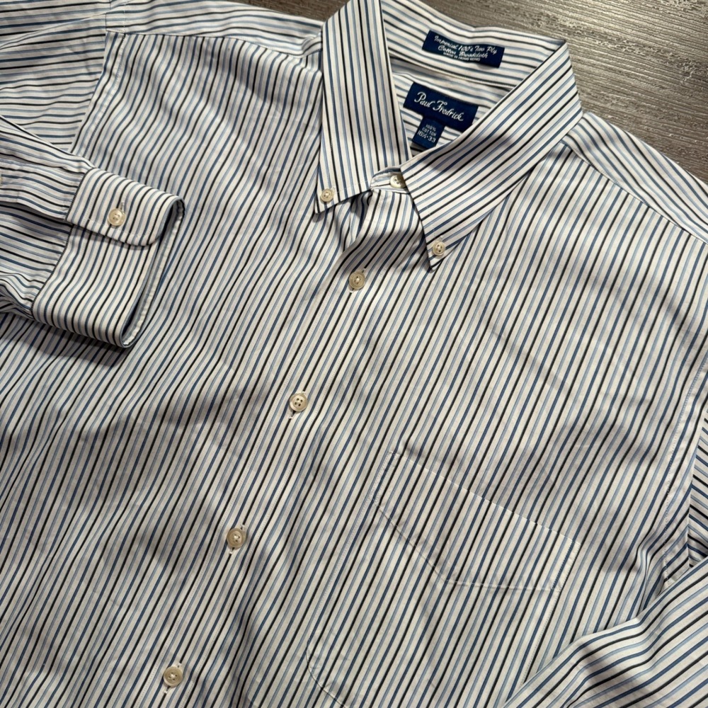 Paul Fredrick Shirt Men 16.5 33 Blue White Striped Cotton Broadcloth Classiccore